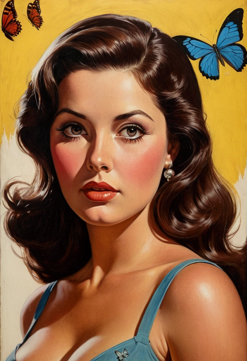 brunette woman, medium brown hair, chunky, sexly, dark brown hair, big boobies, some butterfly tattoos, oil portrait, 1950, vintage, vhs, vintage painting, pulp scifi book cover art, retro pulp art, 1960s movie poster, movie poster painting, Arte Pulp Vintage |, beautiful painting with highly detailed face by Greg Rutkowski and Magali Villanueve, pure and innocent expression, natural reflection textures, cinematic lighting
