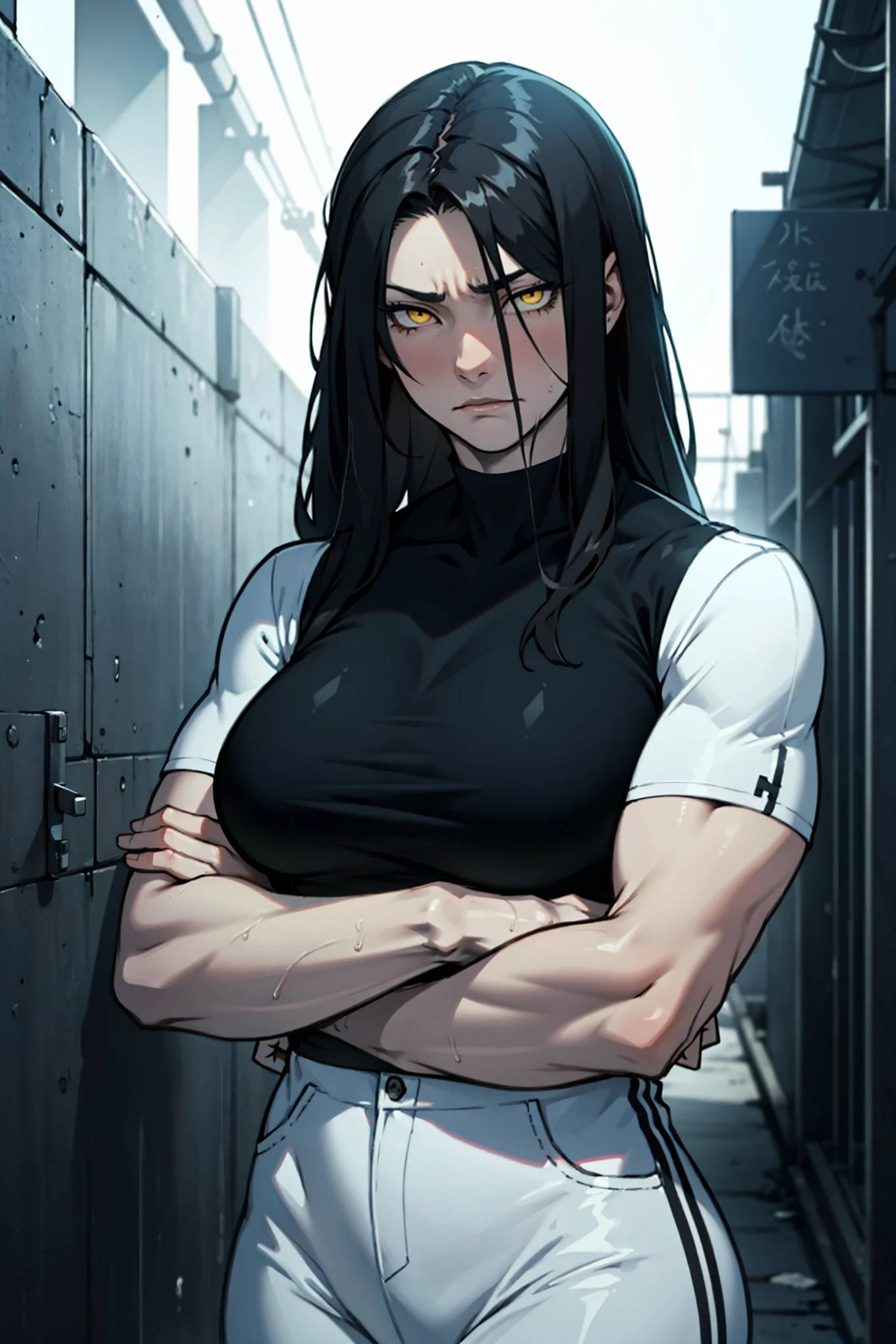 huge 1girl black hair yellow eyes very long hair pale skin angry (((muscular))) dark atmosphere foggy from outside
