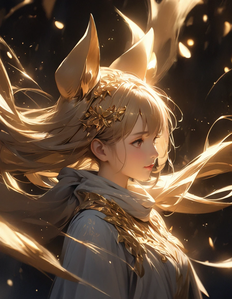 Detailed textures, high quality, high resolution, high accuracy, realism, color correction, correct lighting settings, harmonious composition. A girl stands in the dark, surrounded by light particles and shimmering gold sparks that form an ethereal glowing wolf silhouette above her head. The atmosphere is mysterious with soft lighting creating a magical ambiance. Digital illustration. --ar 3:4 --niji 6