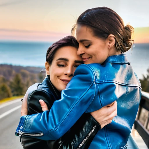 Two lesbians hugging, in a blue leather jacket