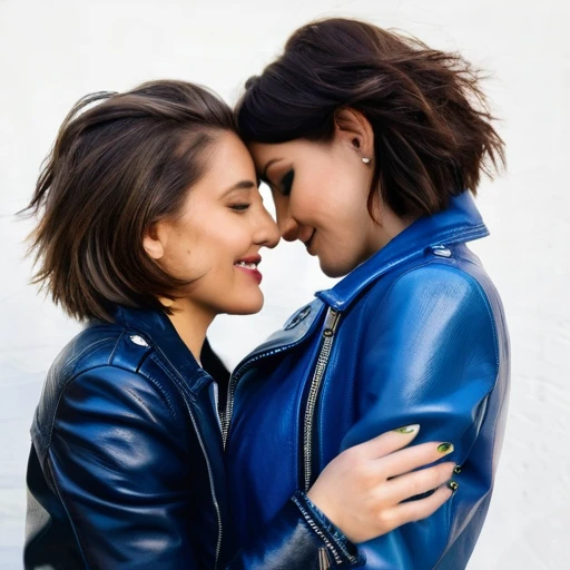 Two lesbians hugging, in a blue leather jacket
