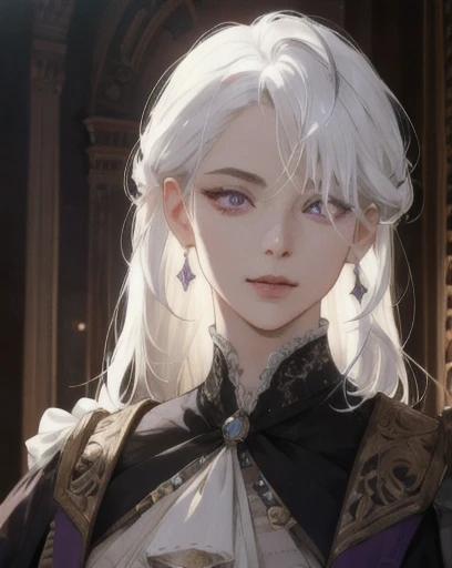 woman, straight white hair, shoulder-length hair, purple eyes, side-swept bangs, mature, mischievous, god eyes, diamond earrings, cravat, monocle, detailed realistic portrait, photorealistic, hyperrealistic, 8k, detailed clothing, beautiful detailed eyes, beautiful detailed lips, extremely detailed face, cinematic lighting, dramatic shadows, warm color tones, natural lighting, highly detailed, intricate ornate details, masterpiece, artstation, sharp focus, hyper detailed, victorian era
