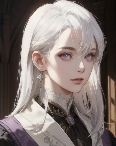 woman, straight white hair, shoulder-length hair, purple eyes, side-swept bangs, mature, mischievous, god eyes, diamond earrings, cravat, monocle, detailed realistic portrait, photorealistic, hyperrealistic, 8k, detailed clothing, beautiful detailed eyes, beautiful detailed lips, extremely detailed face, cinematic lighting, dramatic shadows, warm color tones, natural lighting, highly detailed, intricate ornate details, masterpiece, artstation, sharp focus, hyper detailed, victorian era