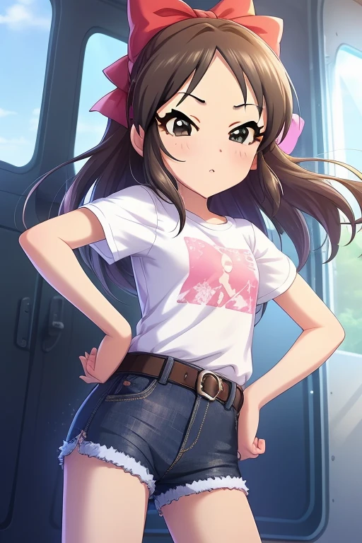 Tachibana Arisu, long hair, brown eyes, brown hair, bow, hair bow, blush, ribbon, looking at viewer, stand, hand own hips, white shirt, t-shirt, belt, denim shorts, shorts rolled,