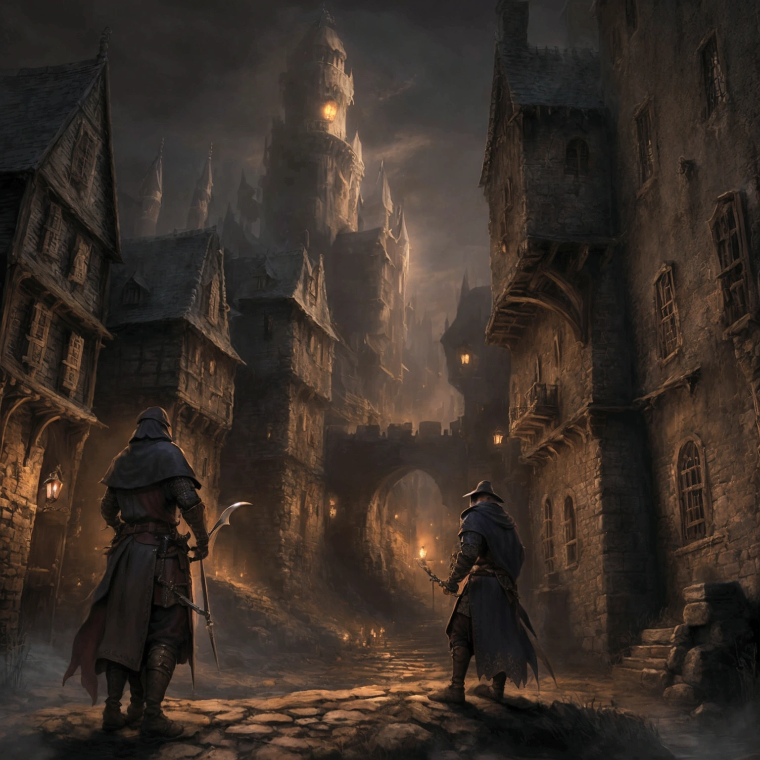 Medieval Europe,at night,An assassin in night clothes,Behind a noble man,Nobleman with dagger。Mid-ground composition,Game illustration style,Magic style,Suitable for card illustrations。
