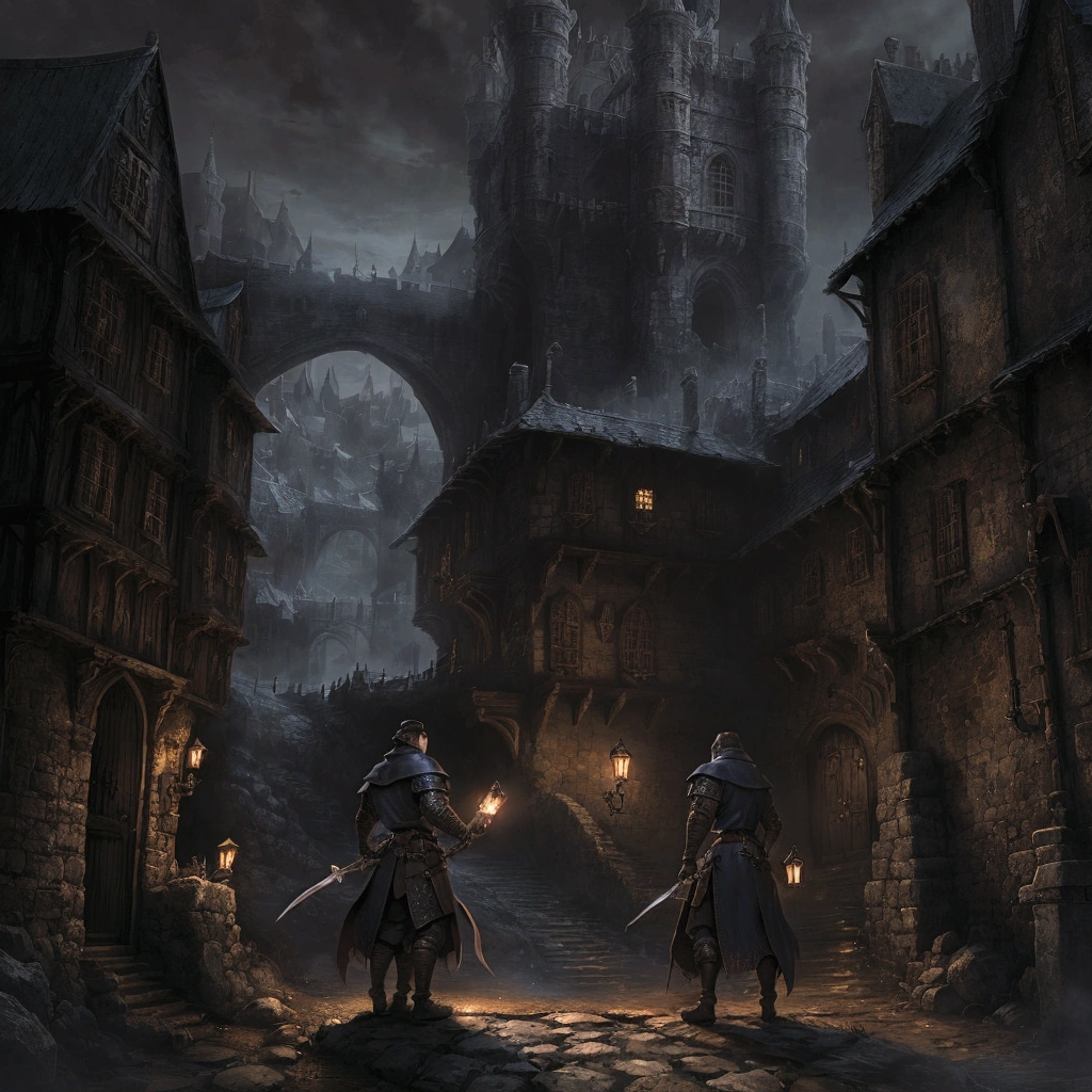 Medieval Europe，at night，An assassin in night clothes，Behind a noble man，Nobleman with dagger。Mid-ground composition，Game illustration style，Magic style，Suitable for card illustrations。