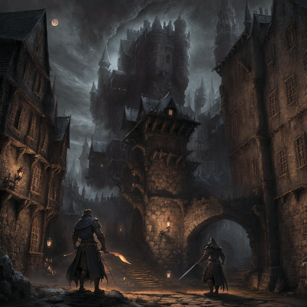 Medieval Europe,at night,An assassin in night clothes,Behind a noble man,Nobleman with dagger。Mid-ground composition,Game illustration style,Magic style,Suitable for card illustrations。