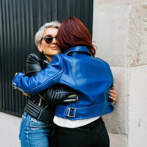 Two lesbians hugging, in a blue leather jacket
