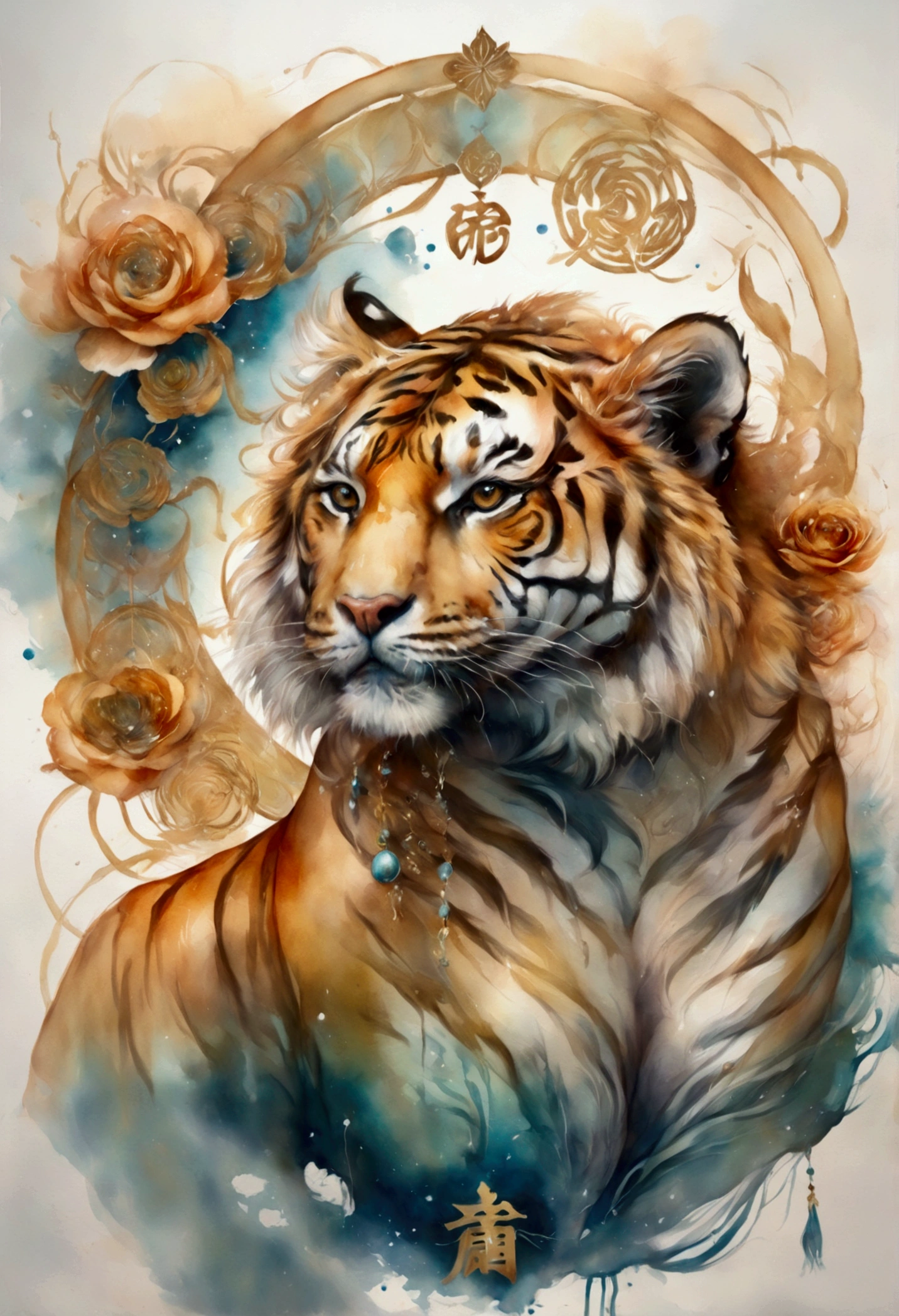 A painting of the zodiac sign Tiger. Trend Aquarell, detailed, non-realistic rendering, Streetstyle, Astrology