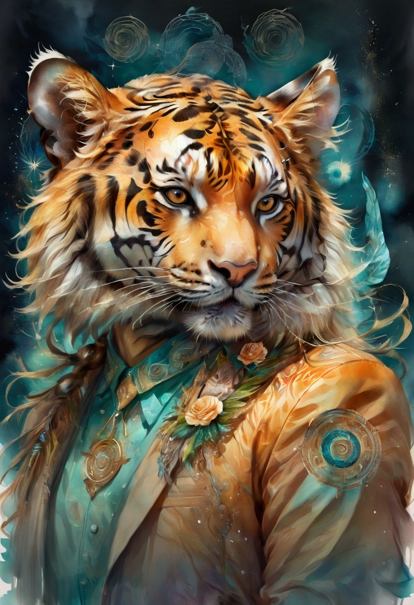 A painting of the zodiac sign Tiger. Trend Aquarell, detailed, non-realistic rendering, Streetstyle, Astrology