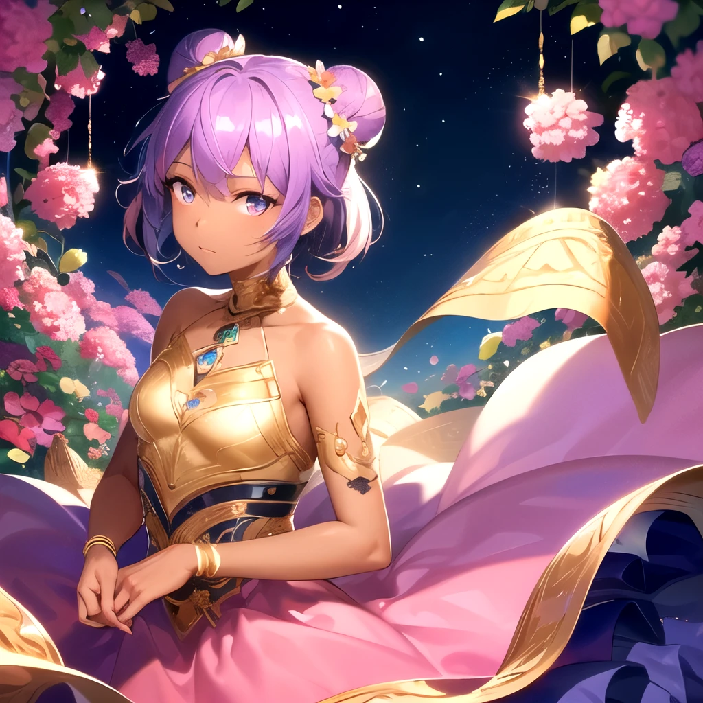 4k, high quality, colorful, super detailed eyes and face, 1female, young, 15 years old, (dark skin:1.2), black eyes, (blue hair), bun hair, looking at viewer, princess dress, looking at viewer, upper body, sky, flowers, alone,