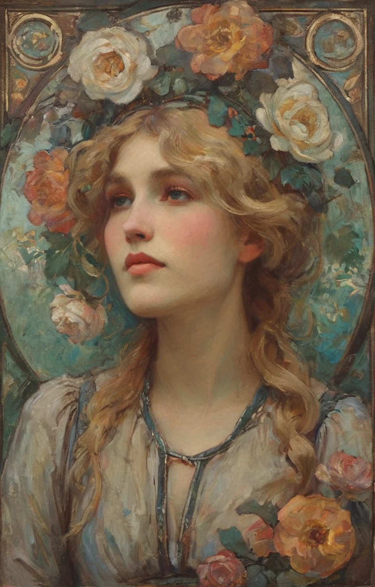 European woman portrait, Waist, Long flowing hair, Blonde, Oil painting feeling, Model momentum, Flower frame, decorative panel, abstraction, directed by: Alphonse Mucha (Main part, extremely high quality, High resolution: 1.4), detailed, intricate details, 4K, splash of color, Line art, Fibonacci, Wear underwear,