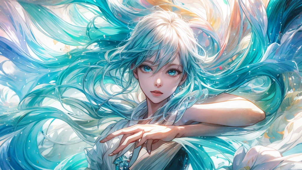 A woman，rainbow hair，Romantic nature，chinos，A dream kingdom，light white and light red，light white and cyan，High Definition，High detail，high quality，Very good atmosphere，exquisite，Computer generated representation，detailed representation，（exquisite facial depiction）（Representation of fine hair）（Best Quality）（Masterpieces）（High degree of completion）（a feeling of atmosphere）（bust）