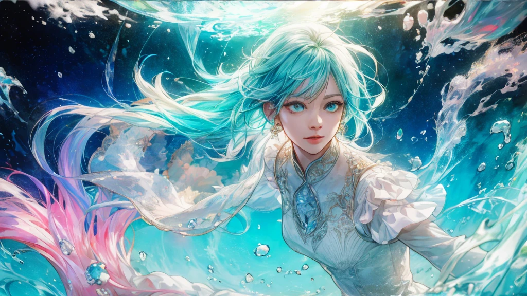 A woman，rainbow hair，Romantic nature，chinos，A dream kingdom，light white and light red，light white and cyan，High Definition，High detail，high quality，Very good atmosphere，exquisite，Computer generated representation，detailed representation，（exquisite facial depiction）（Representation of fine hair）（Best Quality）（Masterpieces）（High degree of completion）（a feeling of atmosphere）（bust）