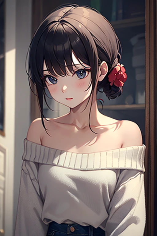 ((best quality)), ((masterpiece)), (detailed), 1girl, off-shoulder sweater,