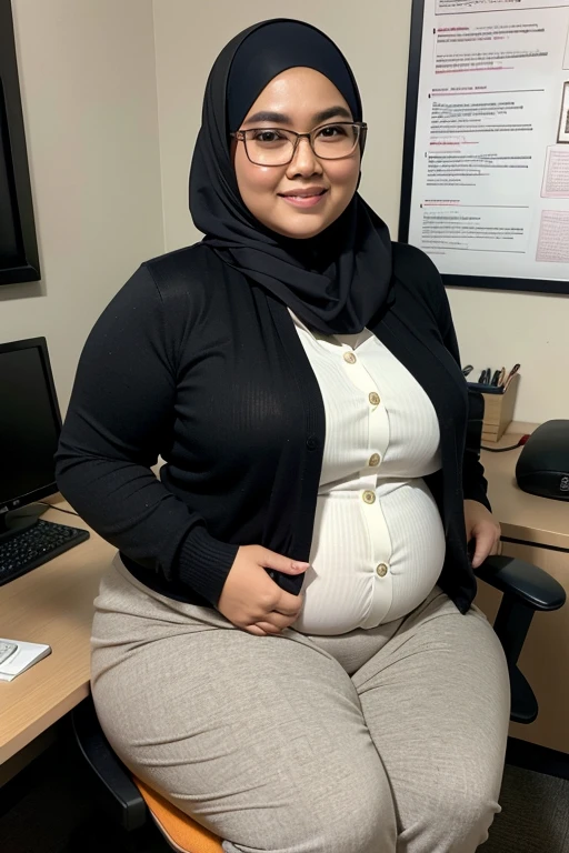 Malay milf in hijab, wearing a glasses, overweight, chubby, ssbbw, getting fat, obesse, belly getting bigger, potrait, smile, wearing a cardigan, at office, office desk, office chair