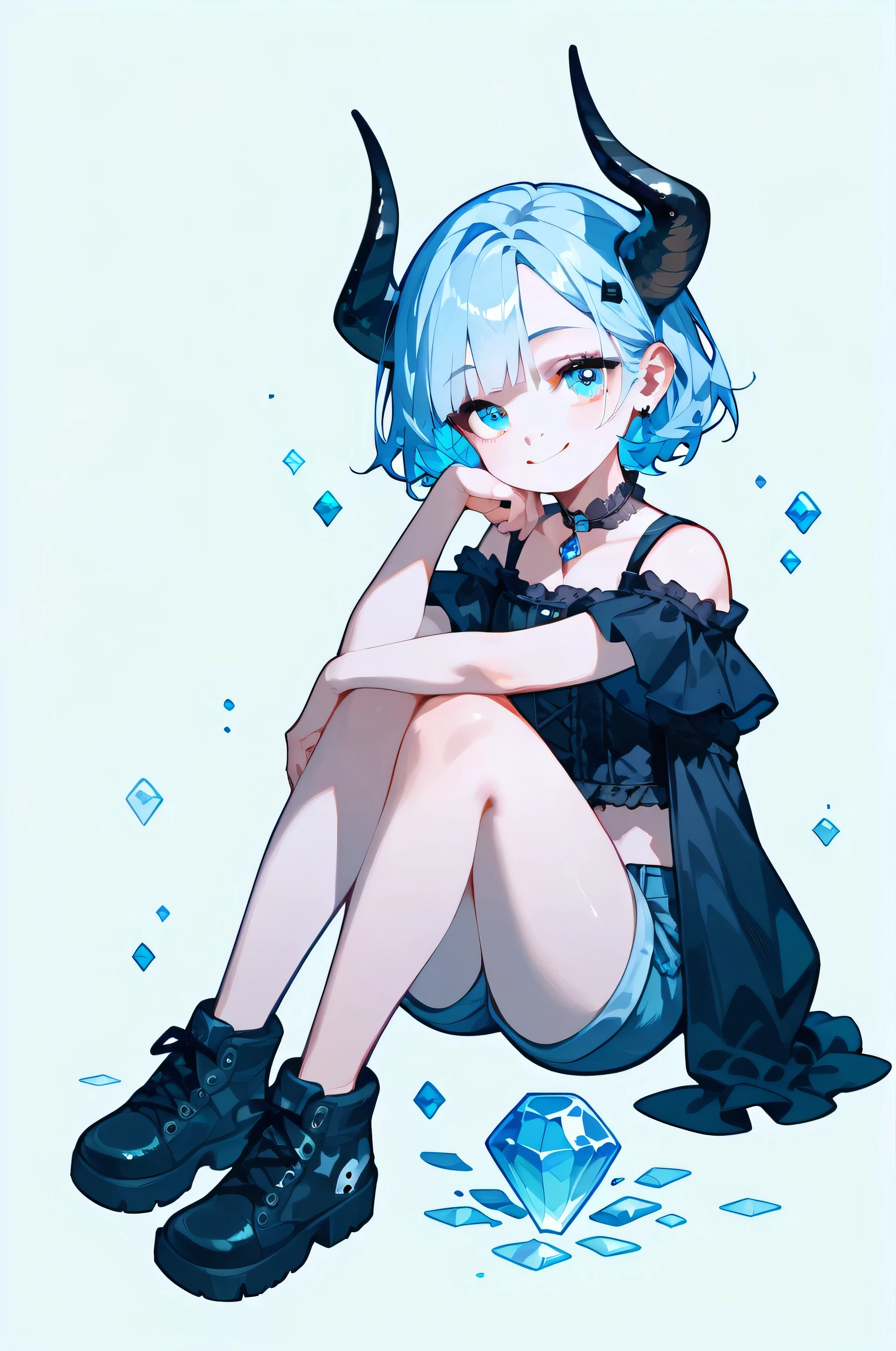 masterpiece, 1girl, solo, looking at viewer, ung and gorgeous girl, There is a pair of brownish-black horns on the head, light blue hair, light crystal blue eyes,beautiful eyes, gothic, smile, ((full body)), (((no background))), transparent background, welcome, short pants