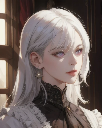 woman, straight white hair, shoulder-length hair, purple eyes, side-swept bangs, mature, mischievous, god eyes, diamond earrings, black bow, white blouse, white lab coat, monocle, detailed realistic portrait, photorealistic, hyperrealistic, 8k, detailed clothing, beautiful detailed eyes, beautiful detailed lips, extremely detailed face, cinematic lighting, dramatic shadows, warm color tones, natural lighting, highly detailed, intricate ornate details, masterpiece, artstation, sharp focus, hyper detailed, victorian era