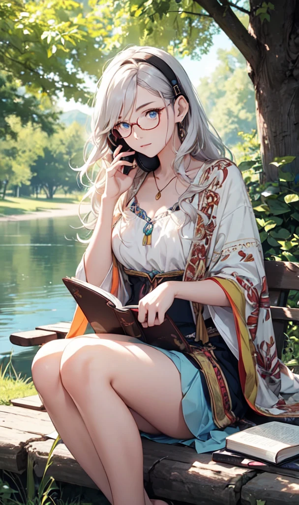 A young woman with fair white skin, freckled light blue eyes, and long chestnut curly hair. The woman is dressed in a bohemian style and wears large round glasses. This woman is leaning against a tree by the lake; She is listening to music with a book in her hand and headphones in her ears. ( Bohemian and mystical ) --- (((LONG SHOT)))) --- (Soft, relax, peaceful and content) --- (((MANGA)))
