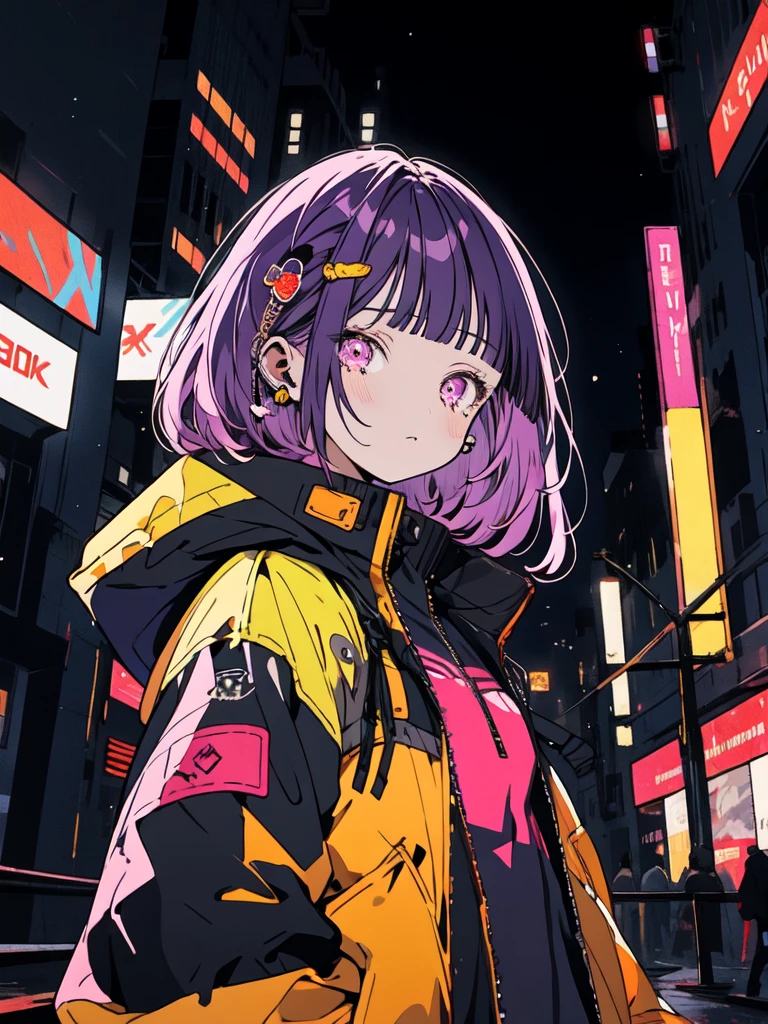 One girl, Look at other people, Vector illustration, Jacket, Crying face, Blunt bangs, Long Hair, hair ornaments, Spotlight,Purple Hair,Shoulder Bare