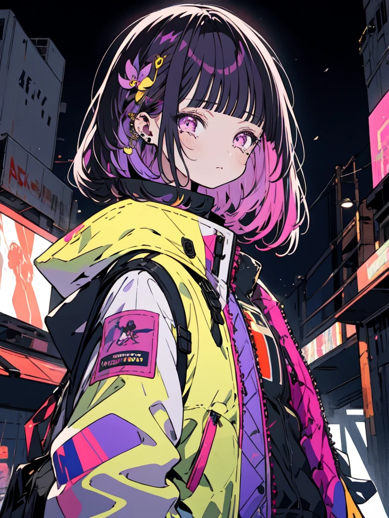 One girl, Look at other people, Vector illustration, Jacket, Crying face, Blunt bangs, Long Hair, hair ornaments, Spotlight,Purple Hair,Shoulder Bare