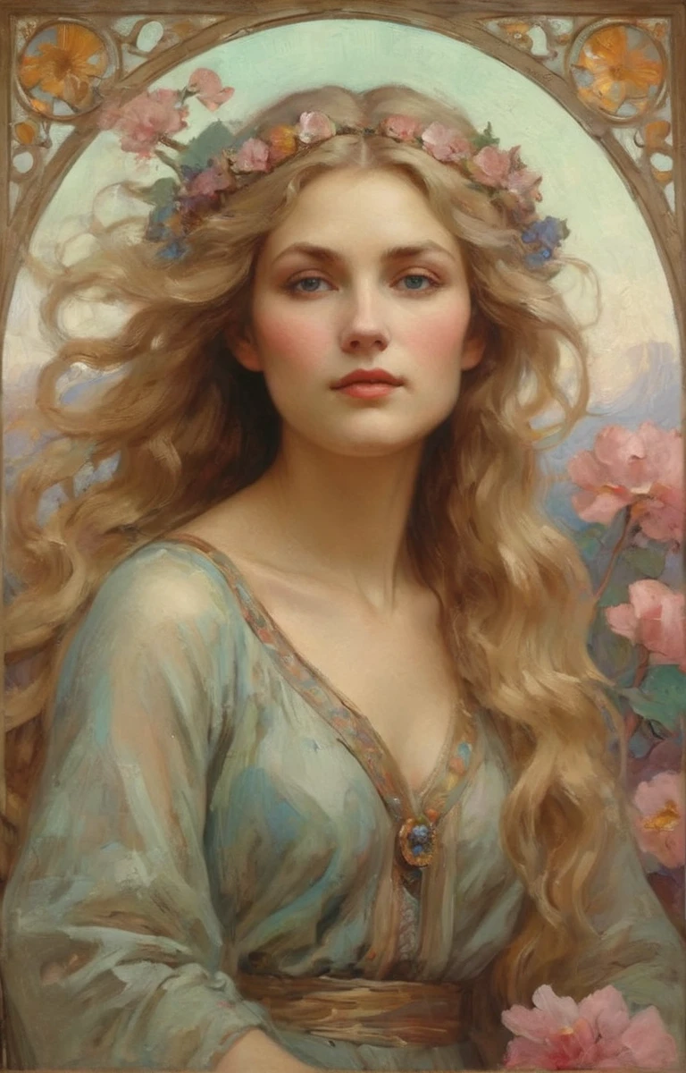 Beautiful european goddess portrait, Waist composition, Long flowing hair, Blonde, Soft oil painting feel, Model momentum, Flower frame, decorative panel, abstraction, directed by: Alphonse Mucha (Main part, extremely high quality, High resolution: 1.4), detailed, intricate details, 4K, splash of color, Line art, Fibonacci, Wear underwear,high dynamic range, bright colors, Ultra-fine coating, professional, Fantasy lights