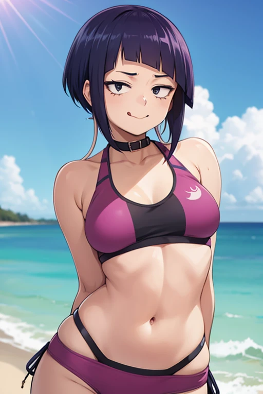 Generates Jirou with a bikini, tight and small, looks at the camera with her tongue out and smiling, Only the upper part of the body is visible from the navel upwards, 