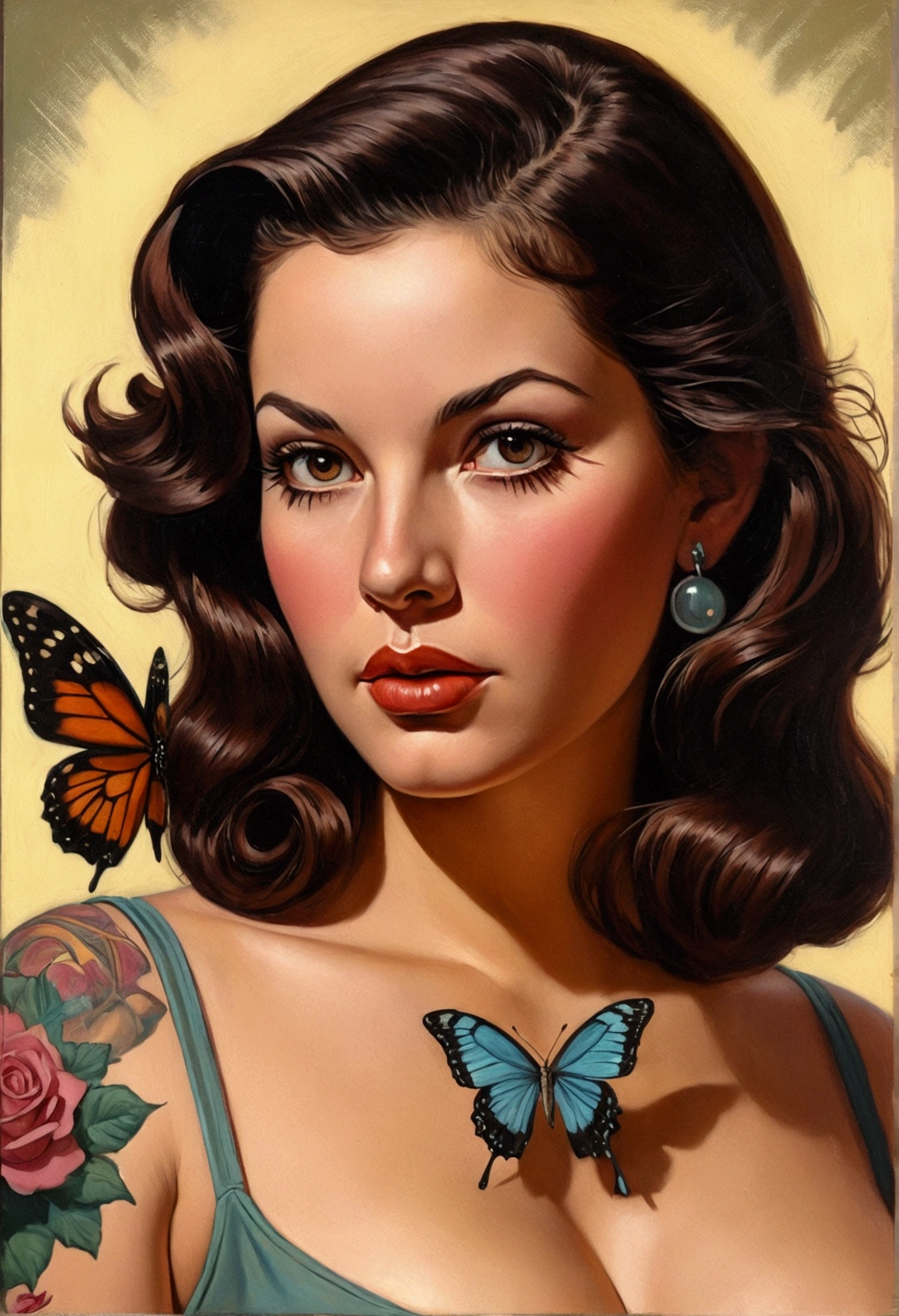 brunette woman, medium brown hair, chunky, ly, dark brown hair, big booutterfly oos, oil portrait, 1950, tatoos, vintage, vhs, vintage painting, pulp scifi art, retro pulp art, 1960 s, Arte Pulp Vintage |, beautiful painting with highly detailed face by Greg Rutkowski and Magali Villanueve, pure and innocent expression, natural reflection textures, cinematic lighting