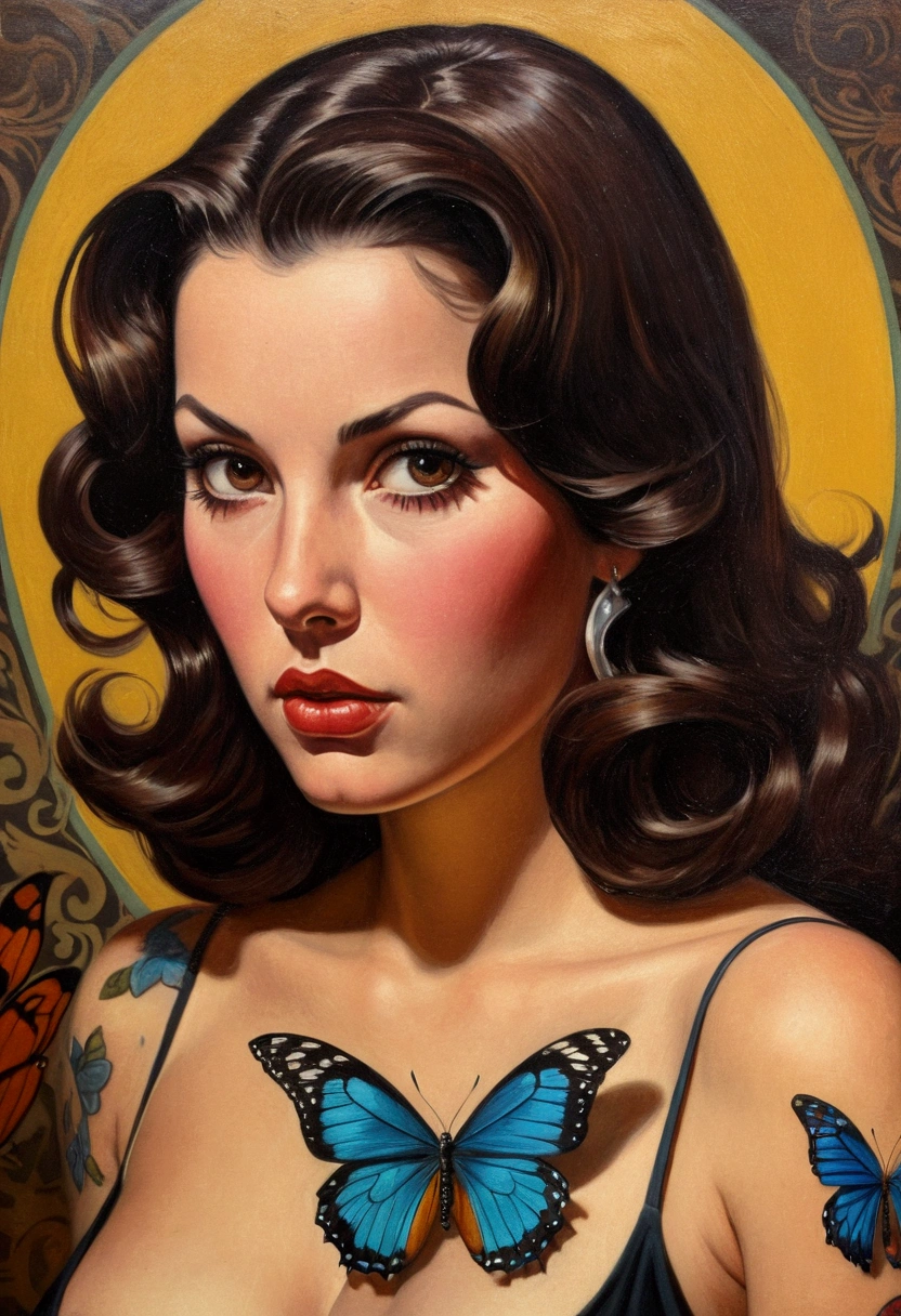 brunette woman, medium brown hair, chunky, sexly, dark brown hair, big boobies, butterfly tattoos, oil portrait, 1950, tatoos, vintage, vhs, vintage painting, pulp scifi art, retro pulp art, 1960 s, Arte Pulp Vintage |, beautiful painting with highly detailed face by Greg Rutkowski and Magali Villanueve, pure and innocent expression, natural reflection textures, cinematic lighting