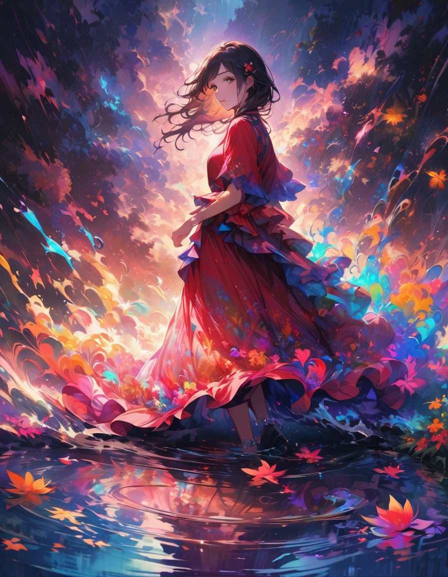 Detailed textures, high quality, high resolution, high accuracy, realism, color correction, correct lighting settings, harmonious composition. A young girl stands in the middle of a summer lake, colorful leaves around her, she is wearing a red dress and black shoes, water ripples out to form rings on the ground, The light from the fireworks is reflected on the surface of the lake., digital art, colorful, beautiful colors, bright colors, colorful paint splashes, vibrant colors, vivid colors, high resolution, hyper-realistic, highly detailed. --ar 3:4 --niji 6