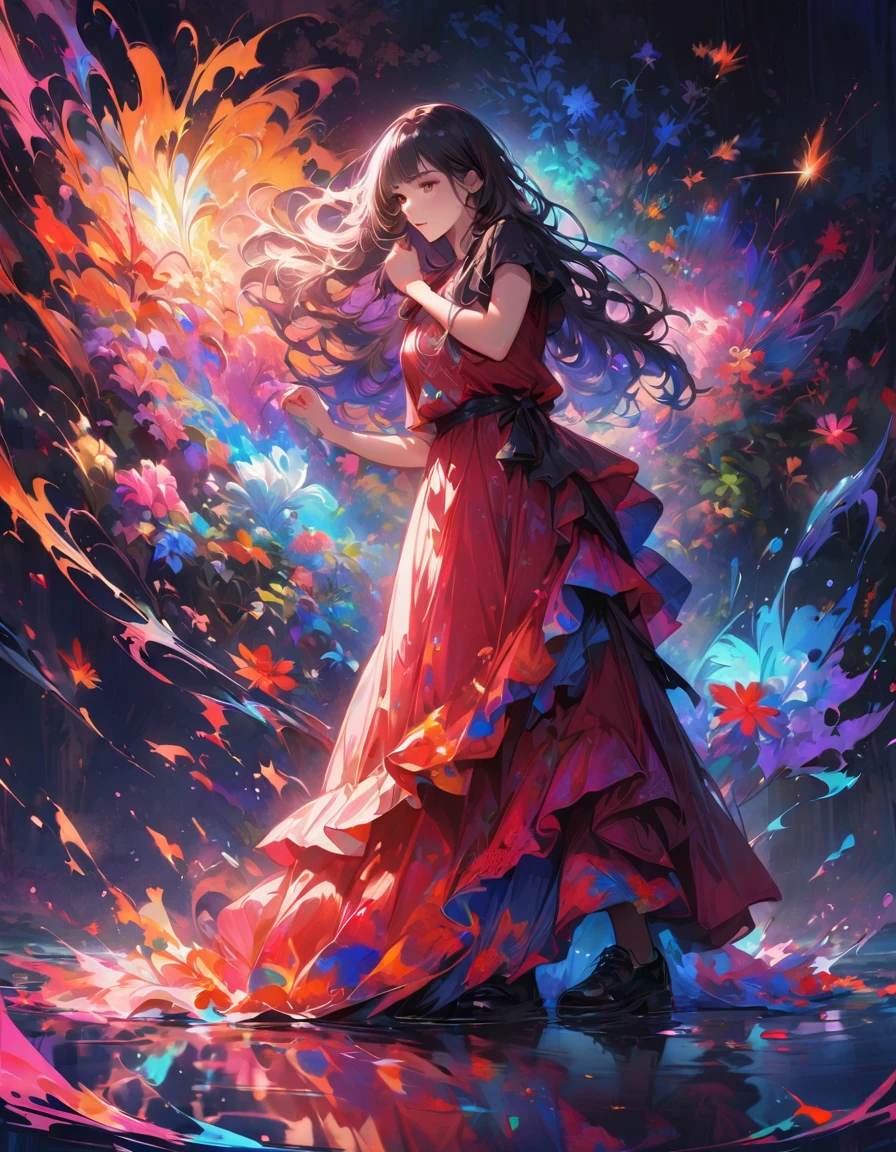 Detailed textures, high quality, high resolution, high accuracy, realism, color correction, correct lighting settings, harmonious composition. A young girl stands in the middle of a summer lake, colorful leaves around her, she is wearing a red dress and black shoes, water ripples out to form rings on the ground, The light from the fireworks is reflected on the surface of the lake., digital art, colorful, beautiful colors, bright colors, colorful paint splashes, vibrant colors, vivid colors, high resolution, hyper-realistic, highly detailed. --ar 3:4 --niji 6