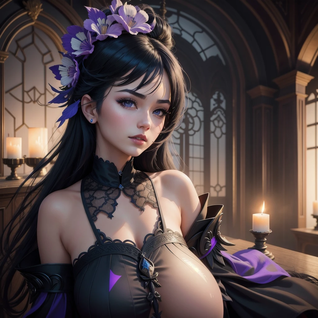 Raiden from genshin impact, castle in the background, ((Best quality)), ((masterpiece)), (detailed), ((perfect face)), ((halfbody)) perfect proporcions, sologirl, 1girl, she is a cute vampire, 18 years old, long black hair, she is naked, there is a background of a gothic room with lit candles, he has an erect penis, she is sexy ((perfect face)),

