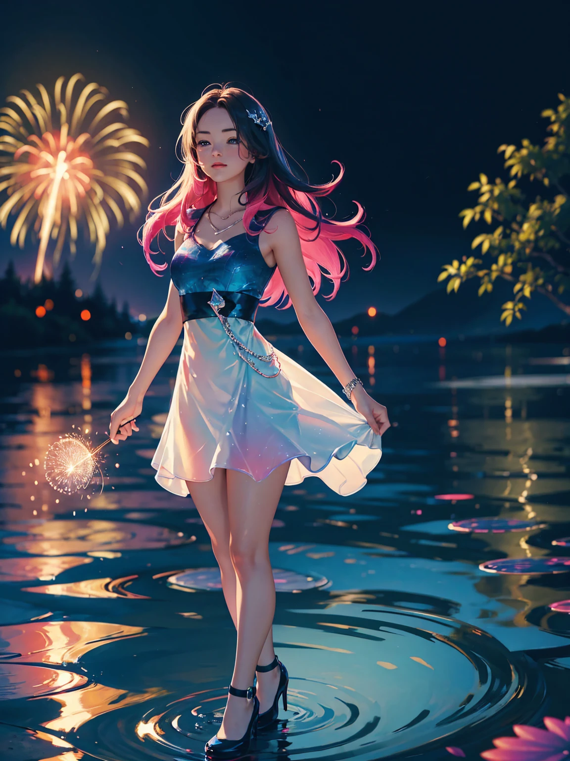 Detailed textures, high quality, high resolution, high accuracy, realism, color correction, correct lighting settings, harmonious composition. A young girl stands in the middle of a summer lake, colorful leaves around her, she is wearing a red dress and black shoes, water ripples out to form rings on the ground, The light from the fireworks is reflected on the surface of the lake., digital art, colorful, beautiful colors, bright colors, colorful paint splashes, vibrant colors, vivid colors, high resolution, hyper-realistic, highly detailed. --ar 3:4 --niji 6