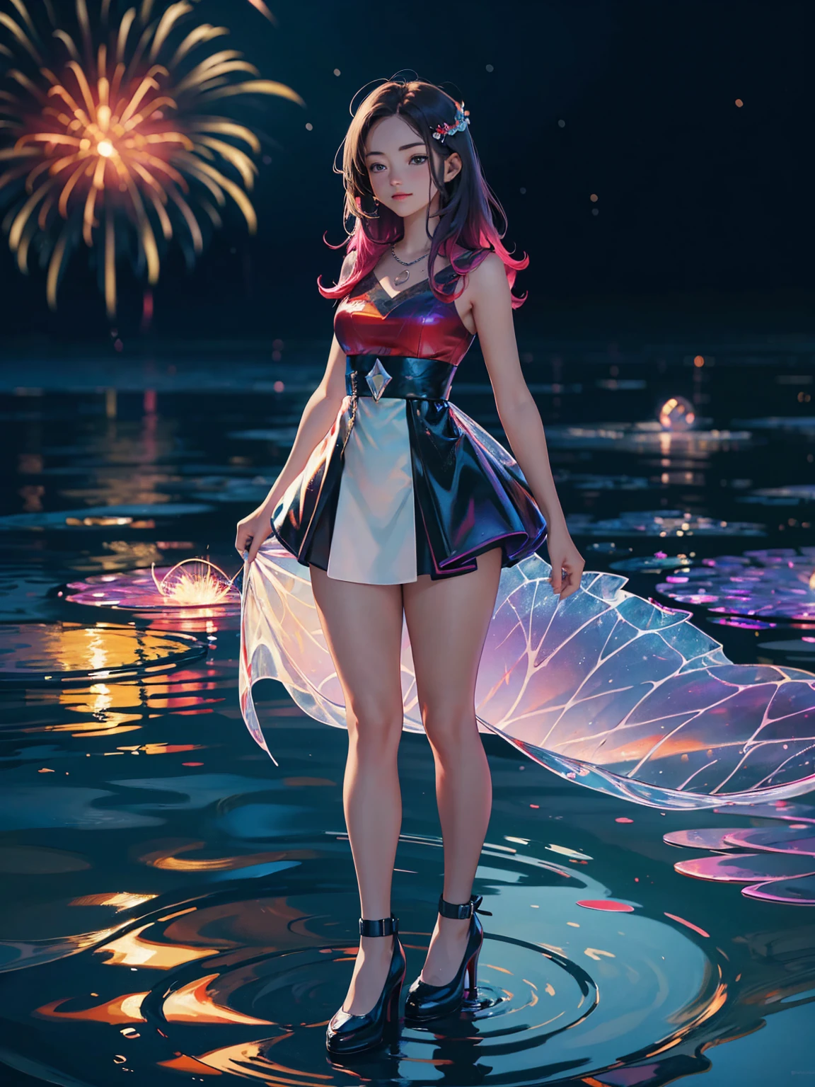 Detailed textures, high quality, high resolution, high accuracy, realism, color correction, correct lighting settings, harmonious composition. A young girl stands in the middle of a summer lake, colorful leaves around her, she is wearing a red dress and black shoes, water ripples out to form rings on the ground, The light from the fireworks is reflected on the surface of the lake., digital art, colorful, beautiful colors, bright colors, colorful paint splashes, vibrant colors, vivid colors, high resolution, hyper-realistic, highly detailed. --ar 3:4 --niji 6