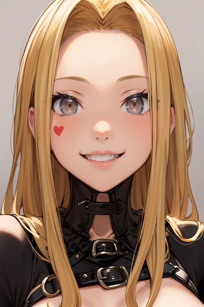 masterpiece, best quality, highres, aaluis, long hair, facial mark, mole under mouth,blonde,grey background,pov,,glossy lips,smile