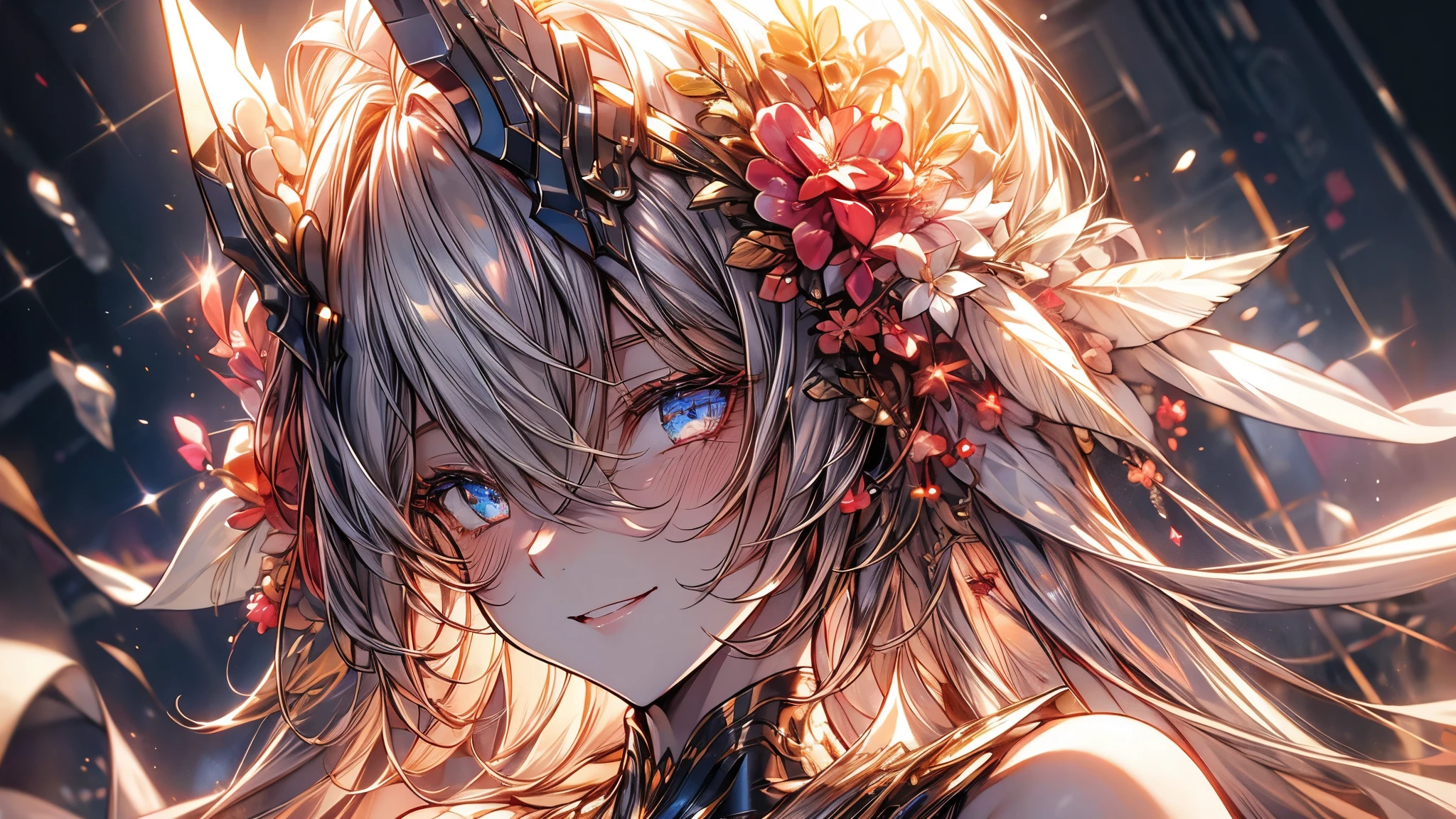 (masterpiece), 8k cg, stunningly beautiful girl, intricate details, chromatic aberration, ((bust shot)), ((looking at viewer)), 1girl, (KosekiBijou, hair ornament, white dress, strapless dress, crystal, detached sleeves, asymmetrical sleeves), extremely beautiful and delicate portrait, smile, blush, makeup, absurdres, cinematic lighting, dynamic lighting, fantasy, ((dark background, fog))