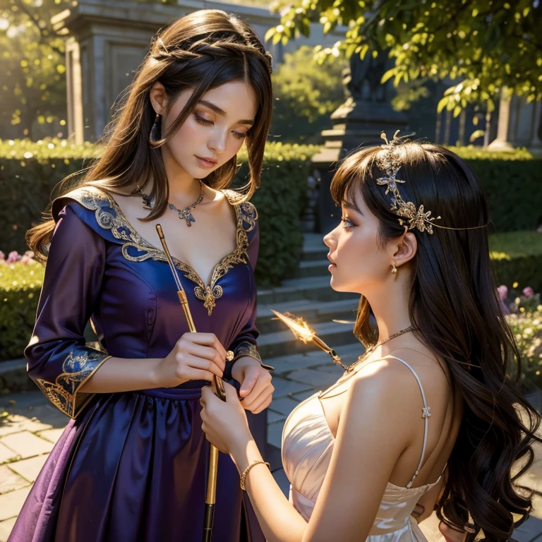 (​masterpiece, best quality:1.5), highest quality, High resolution, super detailed, Realists, Upper body photo of a brunette 14 year old magical girl, detailed and beautiful eyes, beautiful detailed lips, very detailed eyes and face, longeyelashes, shiny satin dress, Holding a wand in your hand and performing a transformation spell, Magic wands present and shiny, Beautiful and colorful makeup, elegant and noble々The jewelry bag, Gardens as background, soft daylight, bright colors, fine brushstrokes, Portrait style, Silk dress fabric, beautiful color palette, glowing skin, First-class rendering, that captures every detail, enchanting atmosphere, subtle shadows and lights, (perfect anatomy:1.2), (The two stunning magic girls perform magic together (a transformation with the magic wand:1.4), (magnificent panorama view:1.2)