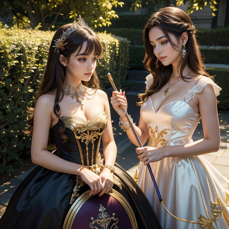 (masterpiece, best quality:1.5), highest quality, High resolution, super detailed, Realists, Upper body photo of a brunette 14 year old magical girl, detailed and beautiful eyes, beautiful detailed lips, very detailed eyes and face, longeyelashes, shiny satin dress, Holding a wand in your hand and performing a transformation spell, Magic wands present and shiny, Beautiful and colorful makeup, elegant and noble々The jewelry bag, Gardens as background, soft daylight, bright colors, fine brushstrokes, Portrait style, Silk dress fabric, beautiful color palette, glowing skin, First-class rendering, that captures every detail, enchanting atmosphere, subtle shadows and lights, (perfect anatomy:1.2), (The two stunning magic girls perform magic together (a transformation with the magic wand:1.4), (magnificent panorama view:1.2)