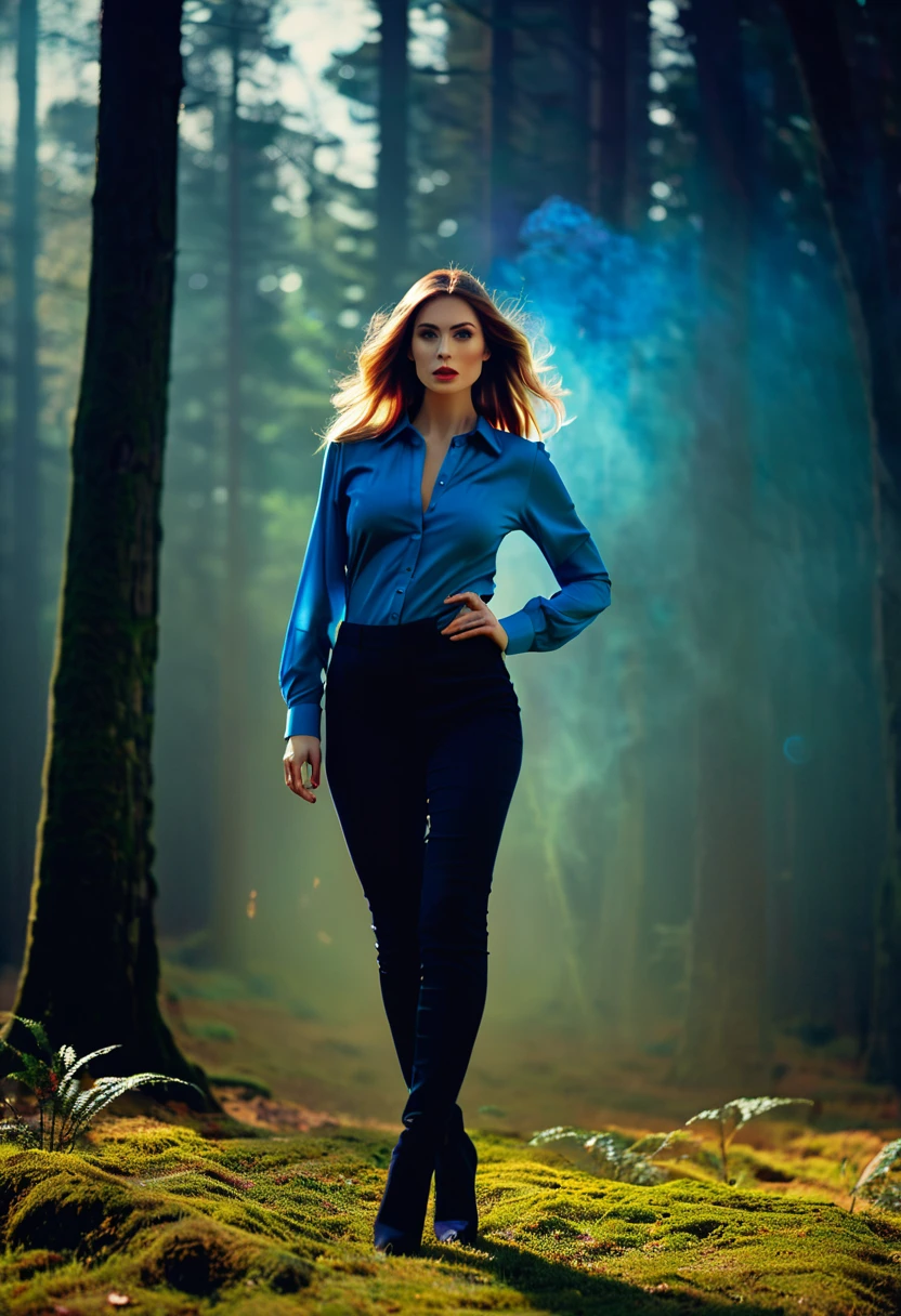 professional photograph of a female vogue model 35yo with pale skin, beautiful evil slavic muscular woman, long hair, (Enchanted Forest by Eyvind Earle:1.1), outdoors., wide expanse of heavenly beauty, beautiful place., full length, perfect female anatomy, in [incredible | unthinkable | magical] place, ((foggy:0.95).), Experimentation with light and shadow, she is majestically arrogant and contemptuous of those around her., The image shows a full-length (wide-angle shot:1.13) of 27 y.o beautiful woman in high heels, ([white | blue] (shirt:1.2), full sleeves, (pants:1.2):0.85), exudes confidence and attractiveness, (mini galaxies and stars swirling inside, colorful rainbow steam:0.7), soft natural volumetric cinematic perfect light, (high contrast:1.1), warm lighting, absolute sharpness,  [vintage | 80s Colors:0.7]., (beautiful glowing:0.7), highly detailed,24mm photograph, film, bokeh, professional, 4k,