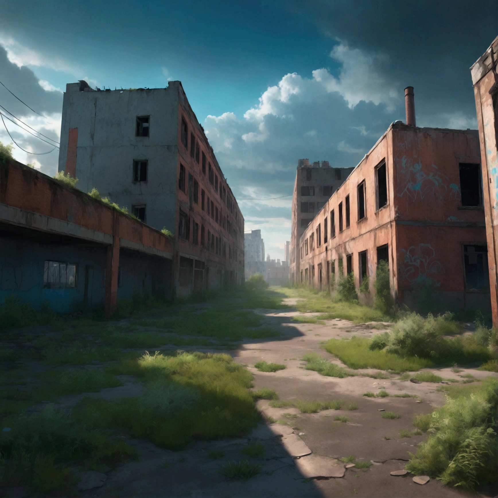 Abandoned city night view, gloomy atmosphere, day view, abandoned buildings, dilapidated streets, faded graffiti, overgrown vegetation, post-apocalyptic color palette, dramatic contrast, intense shading, clouds under blue sky, surreal atmosphere, dystopian background, felt, sky, highest quality, 4k, 8k, high resolution, masterpiece: 1.2, ultra-detailed, realistic: 1.37,