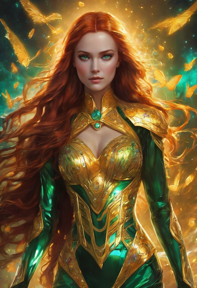 A redhead with textured skin, ((perfect half body from the knee up)), in a mesmerizing golden cyber suit, perfect green eyes, full mouth, whose hair, body is made with applications of minerals, gold, iridescent diamonds, topaz and emeralds, earrings and necklace, detailed dress, (best quality, ultra-detailed), portraits, light colors, flowing hair incident, dynamic pose, cosmic background, realistic, long hair flowing in the wind, glowing eyes, otherworldly beauty, surreal atmosphere