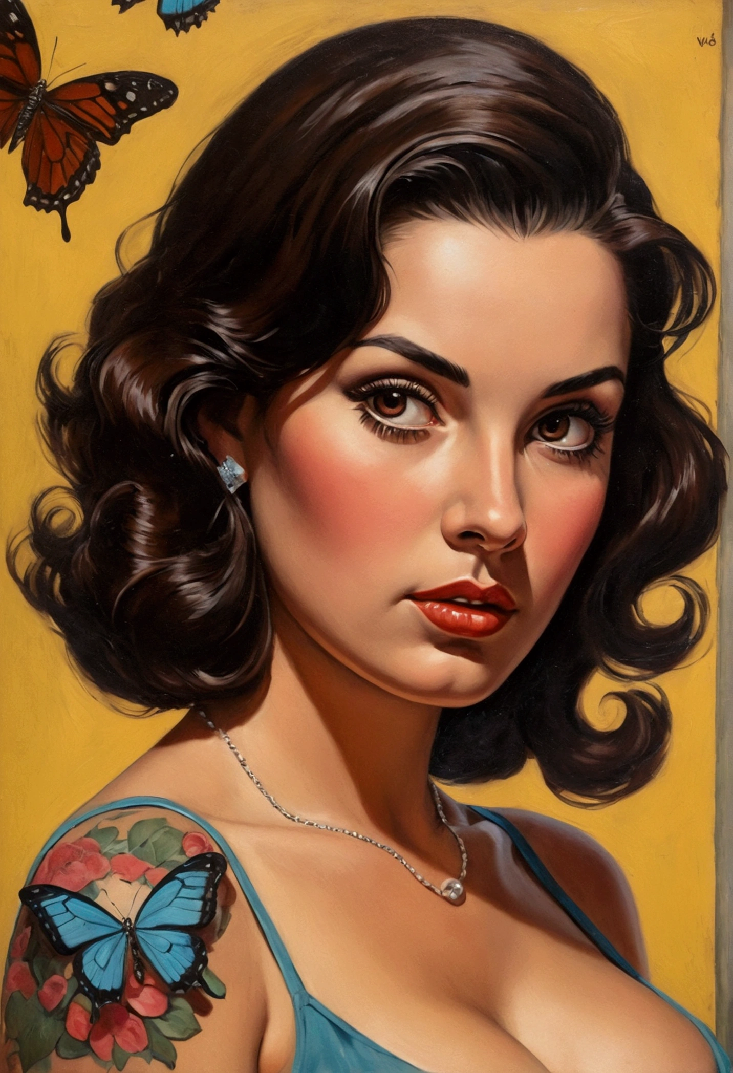 brunette woman, medium brown hair, chunky, sexly, dark  brown hair, big boobies, butterfly tattoos, oil portrait, mil painting, 1950, tatoos, vintage, vhs, vintage painting, pulp scifi art,  retro pulp art, 1960 s, Arte Pulp Vintage |, beautiful painting with highly detailed face by Greg Rutkowski and Magali Villanueve, pure and innocent expression, natural reflection textures, cinematic lighting