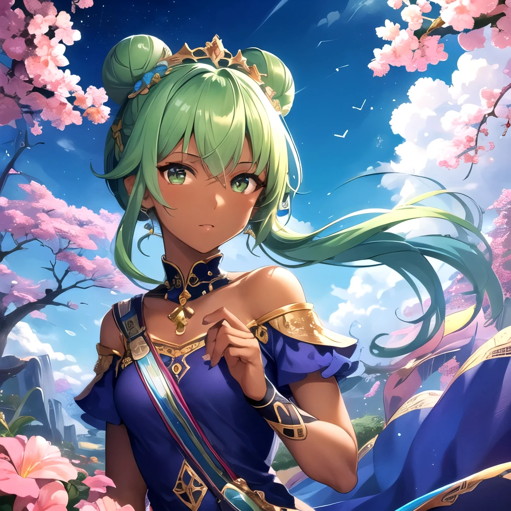 4k, high quality, colorful, super detailed eyes and face, 1female, young, , (dark skin:1.2), green eyes, blue hair, bun hair, looking at viewer, princess dress, looking at viewer, upper body, sky, flowers, alone,
