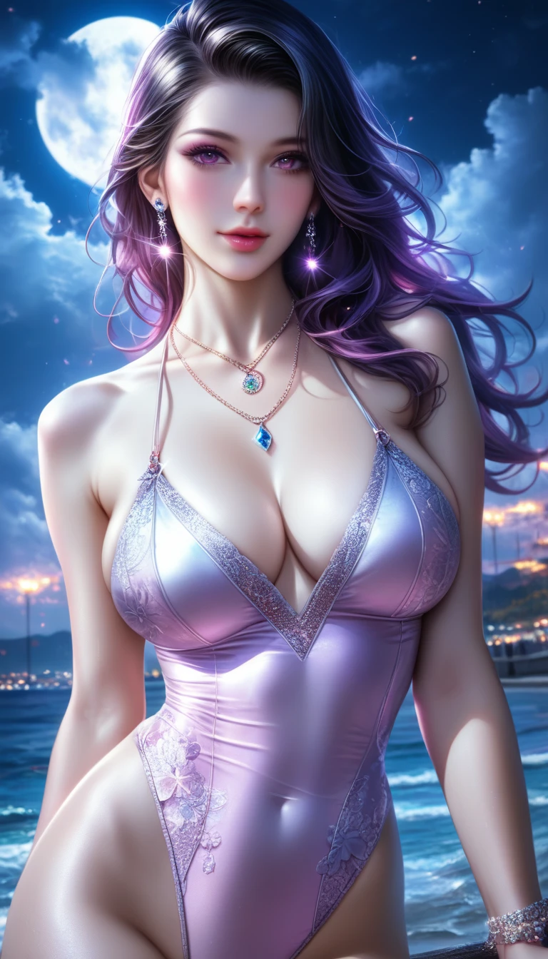 score_9, score_8_superior, score_7_superior, A masterpiece in 32K resolution,Highest quality,it is really amazing,Very detailed,Ultra-high resolution,(Ultra-realistic:1.1),(Realistic:1.1),Increased depth of field,Cinematic lighting,
Elegant Japanese MILF,
Long black hair,Ultra-detailed and beautiful face,(Gentle expression:1.1),Translucent white skin,Realistic skin texture,
(Sexy Swimwear:1.1),
Bold design,Artistic design,Beautiful and detailed pattern,Detailed fabric texture,
Gorgeous necklace,Earrings,
Coastline at night,(Giant Moon:1.1),(Dark clouds floating in the dark night sky:1.1),
(Dramatic Angle:1.1),