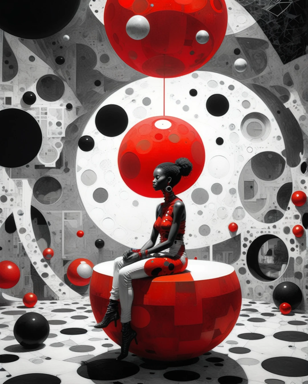 Mobis (Jean Giraud) Style - A picture by Jean Giraud Mobis, Side angle shot of black woman sitting model pose in a room full of abstract shapes of circles, triangles and squares, with a red sphere in the background, black and white picture with only the red sphere in colour, ultra HD, cinematic lighting, 32k 