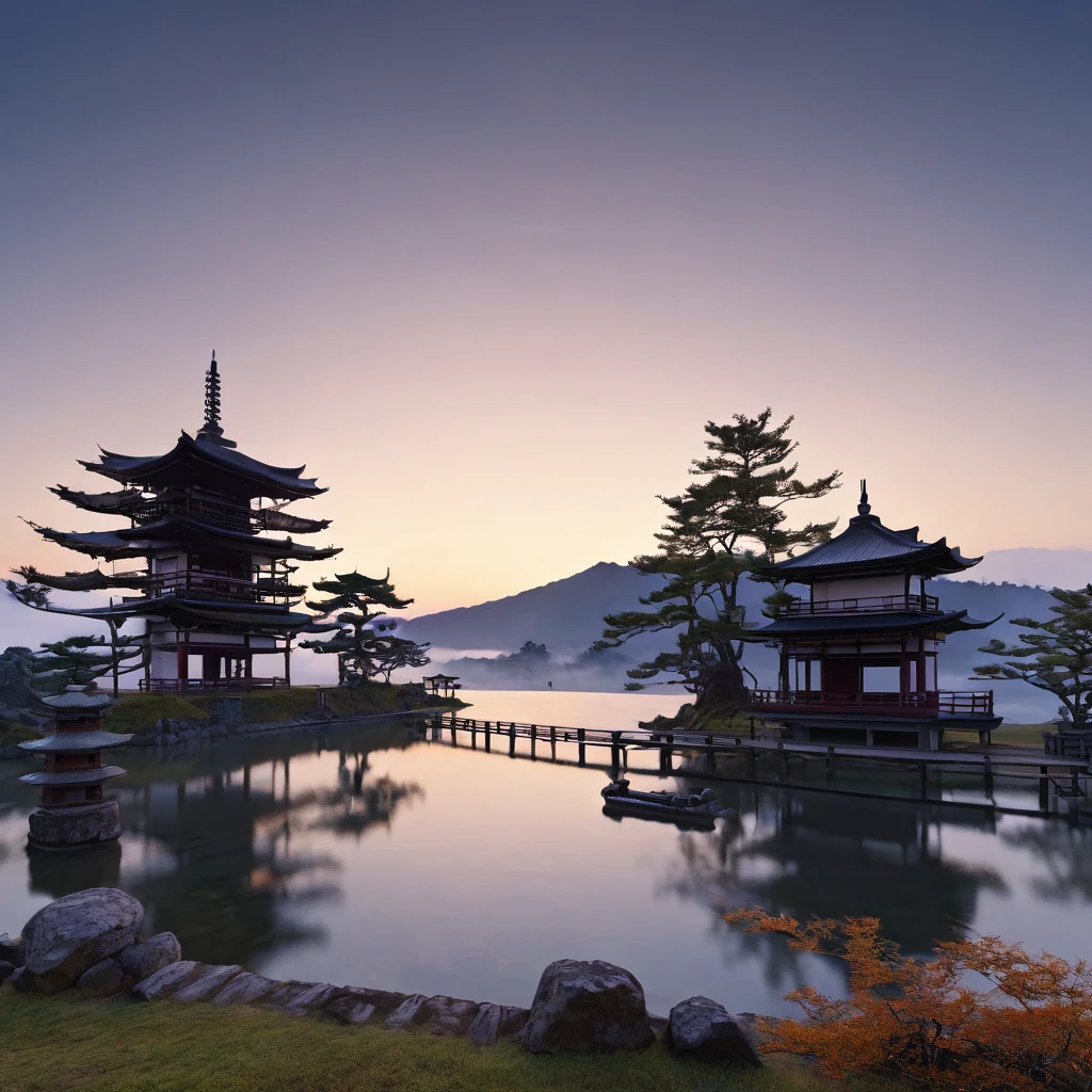 Otherworldly morning, Mysterious, calm feeling, good morning, ancient Japan, appearing from the darkness, I wish for world peace.((best quality, 8K, masterpiece: 1.3))