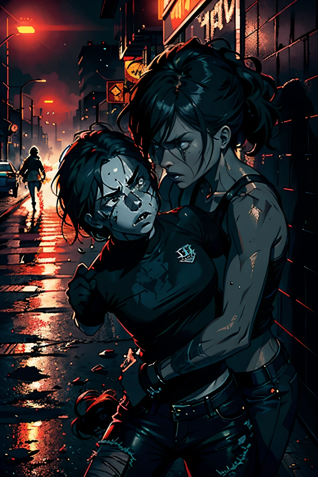 (Gritty Reality, Masterpiece), (High Definity, Street Fight Scene), (Detailed Textures), (Noir Color Palette), (Reality-inspired Shading), (Two Women in Conflict:1.5), (Tough and Gritty), (Realistic Body Movements), (Raw Emotions), (Rips and Tears in Clothing), (Dust and Debris in Background), (Shot from a Distance:1.0), (Highly Detailed Urban Setting:1.0), (Street Lights and Shadows), (Dramatic Lighting Contrast), (Intense Detail in Facial Expressions), (High Res