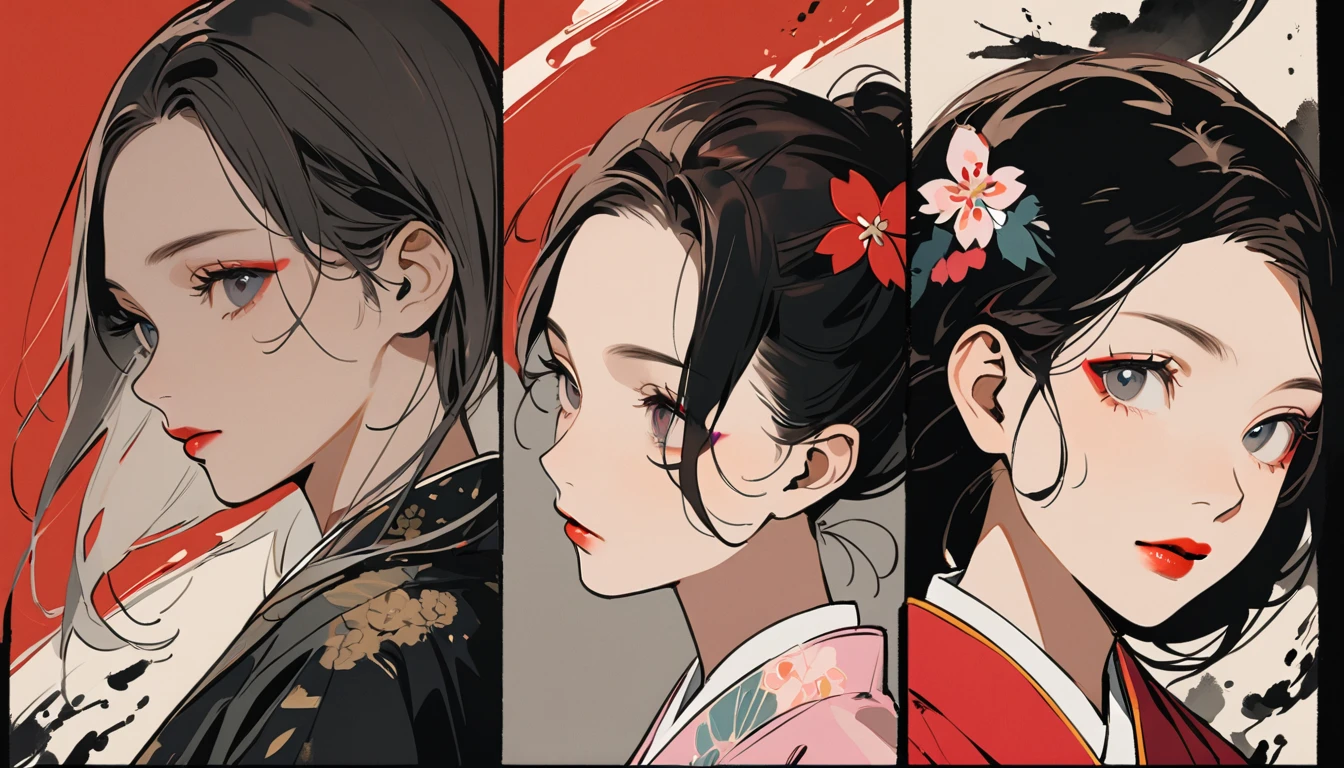 (((Ink Painting))), Fashion portrait color photos, (((1 girl))), (((Flashy makeup))), (((Japan刀))), (((warrior))), (((Izanami))), Japan人の美少女, Black Hair, Delicate and precise, Modern ukiyo-e style,Japan, Japanese flag