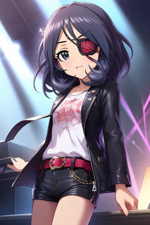 Hayasaka Mirei,purple hair,multicolored hair,fang,brown eyes,short hair,eyepatch,white shirt,black jacket,Denim shorts,shorts rolled,belt,from side,close
