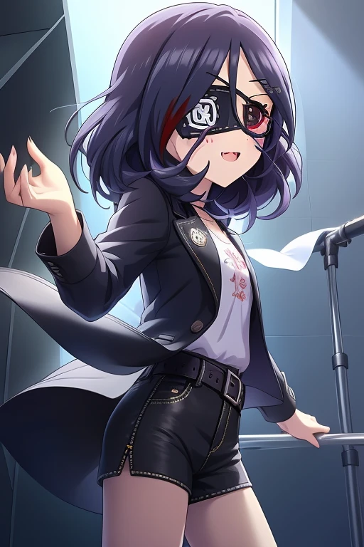 Hayasaka Mirei,purple hair,multicolored hair,fang,brown eyes,short hair,eyepatch,white shirt,black jacket,Denim shorts,shorts rolled,belt,from side,close